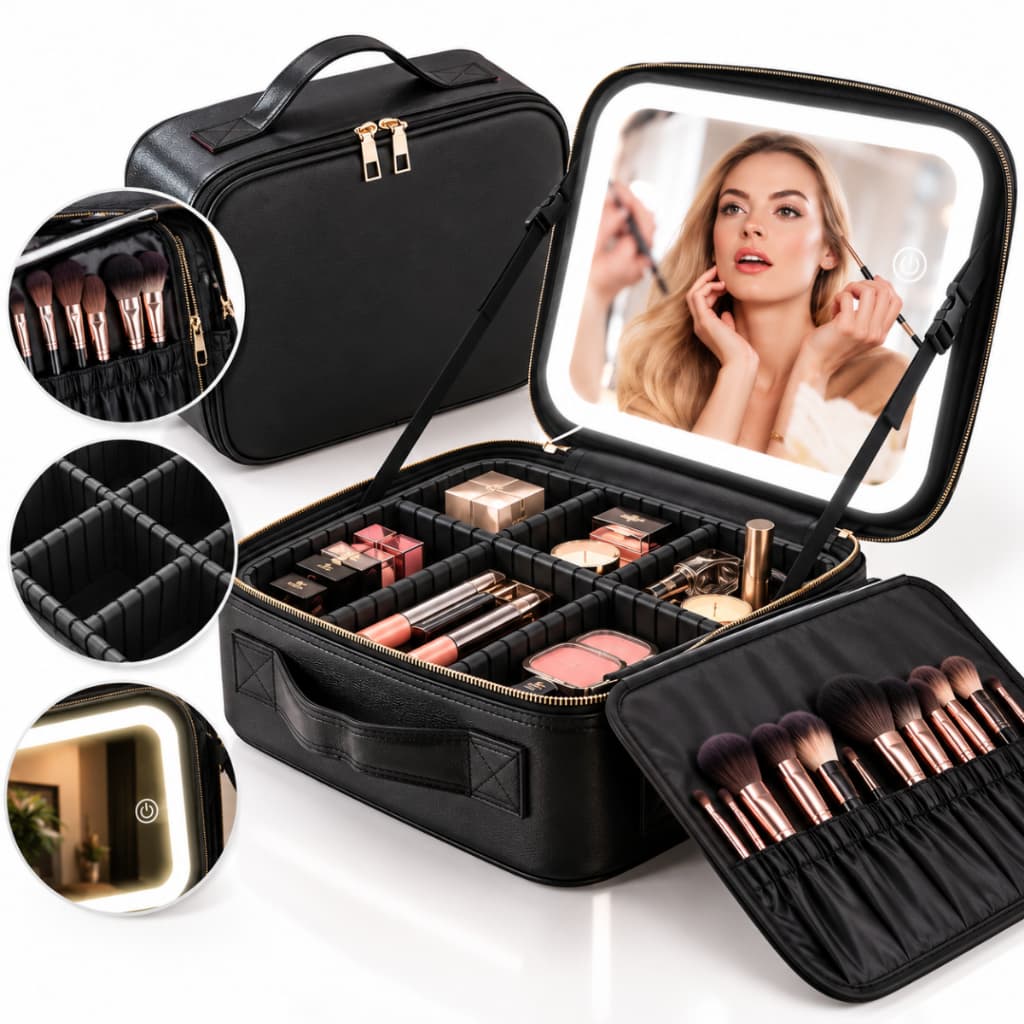 Kit Maleta de Maquiagem Completa Profissional com Espelho, Luz LED e Paleta de Maquiagem