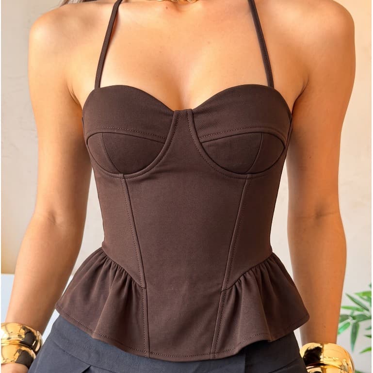 Blusa Corset Peplum Neoprene Espartilho Feminina Frente Única Bojo Amarração nas Costas Cintura Marcada Festa P M G GG