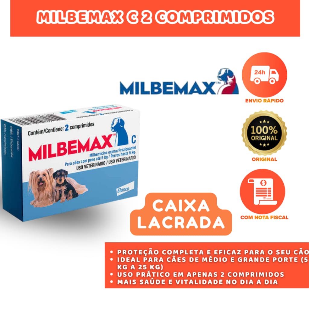 MILBEMAX C 2 COMPRIMIDOS ANTIPARASITÁRIO E VERMÍFUGO PARA CÃES DE ATÉ 5 KG