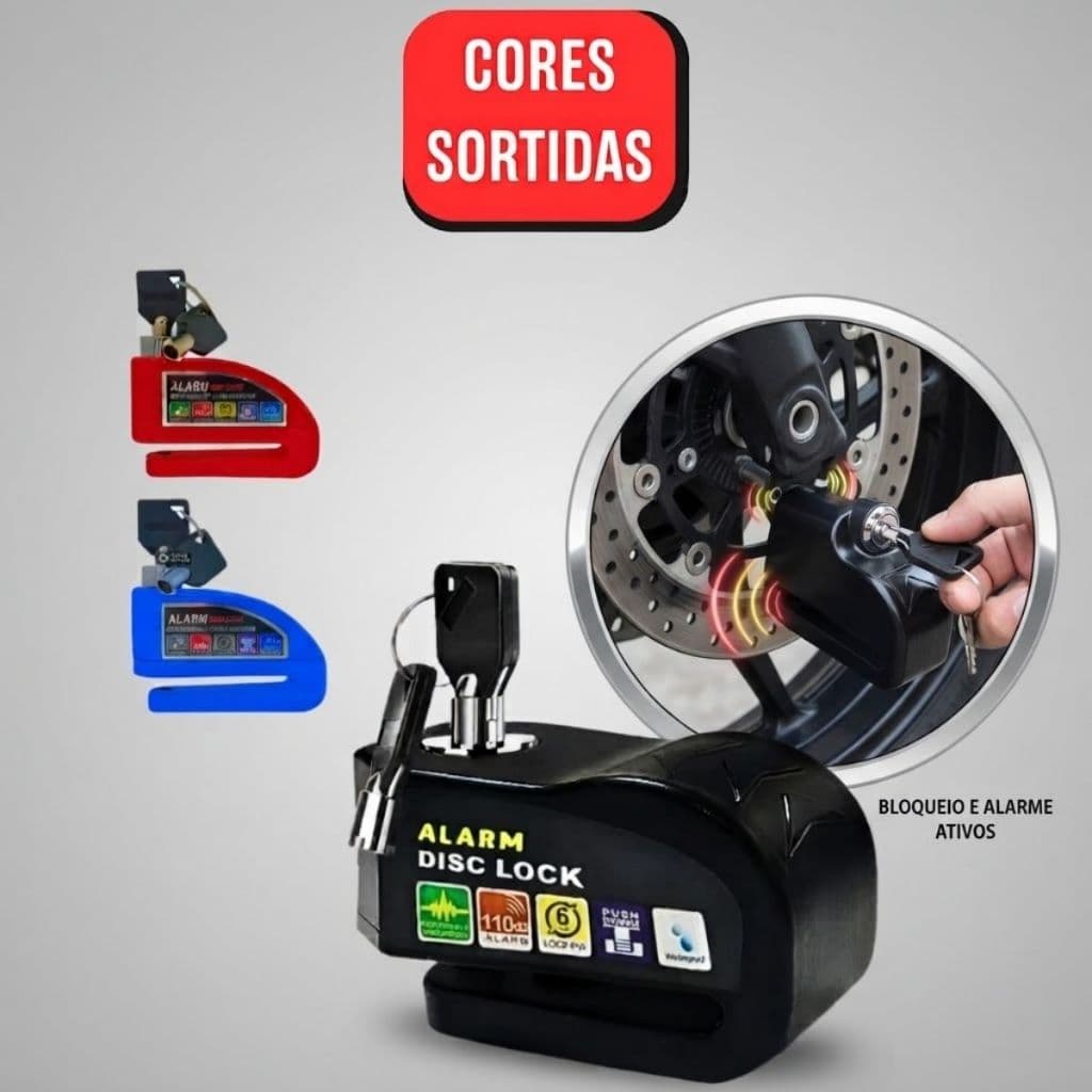 Trava Cadeado Disco de Freio com Alarme 110dB Antifurto para Moto XLS MTC-17 - (Cores Sortidas)