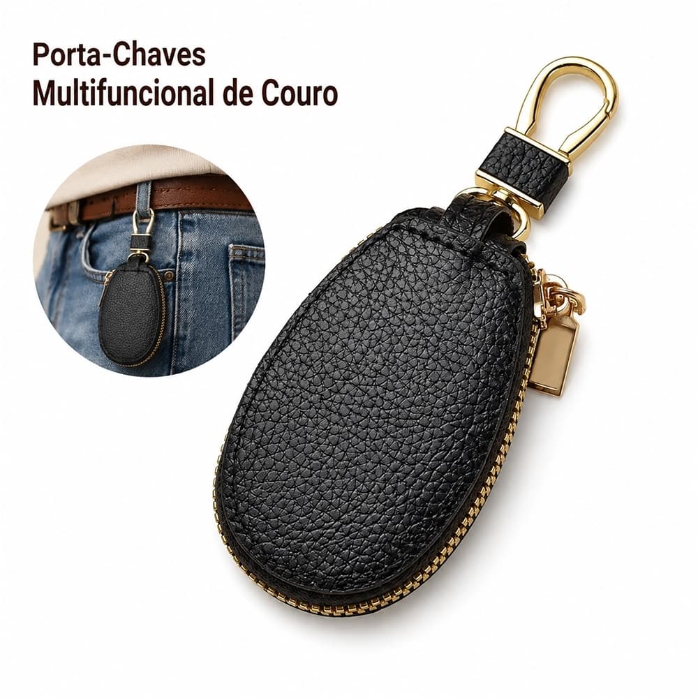 Porta‑Chaves de Couro Carro Chaveiro Multifuncional Zíper Gancho Prático Bolsa Chave Automotivo