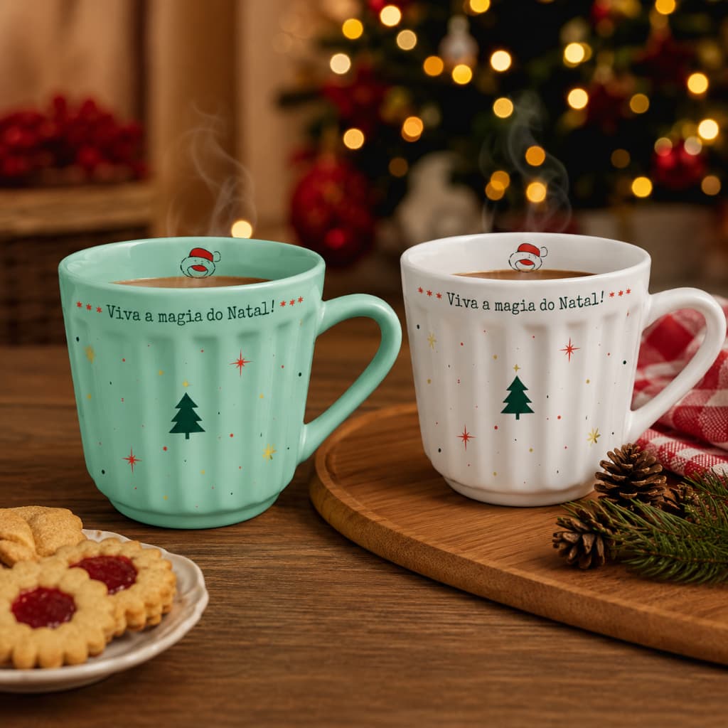 Caneca Canelada Natal Porcelana 150ml Comemoração Natalina Presente Festa Verde Branca