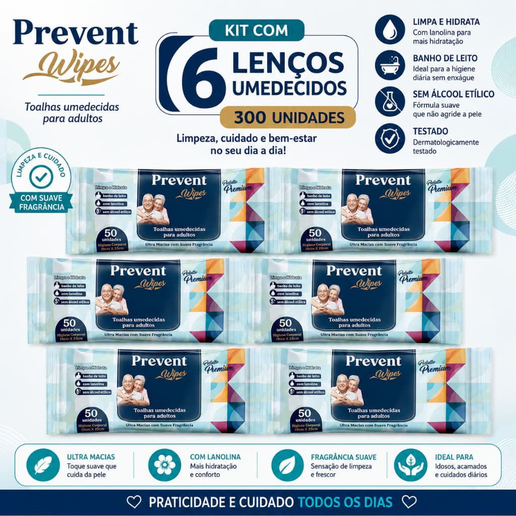 Kit 6 Pacotes Lenços Umedecidos Prevent Wipes - Higiene Adulto (300 Unidades)