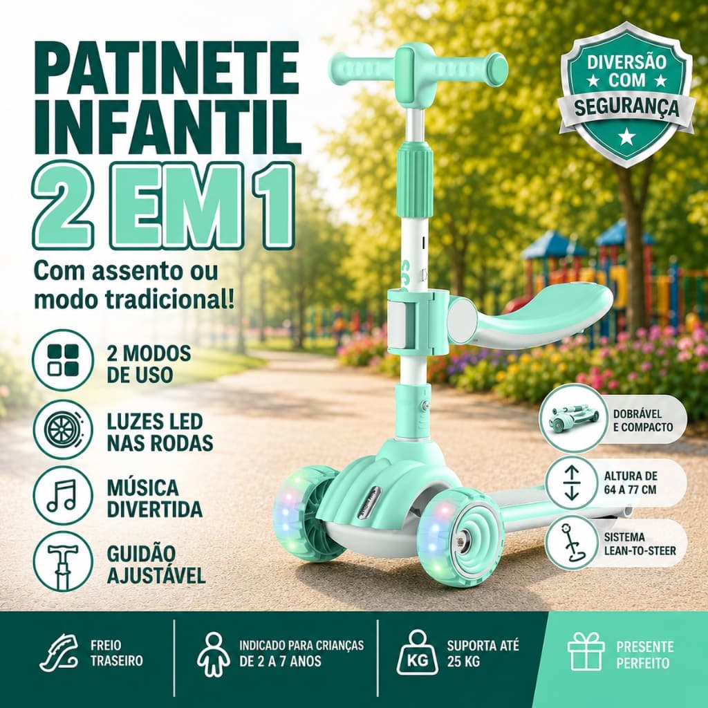 Patinete Infantil 2 em 1 Dobrável 3 Rodas com Assento Luz LED nas Rodas Ajustável - Verde
