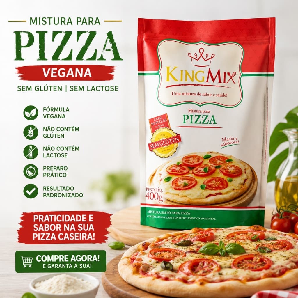 Mistura King Mix Pizza Vegana 400g Mistura Sem Glúten e Sem Lactose Fácil de Preparar
