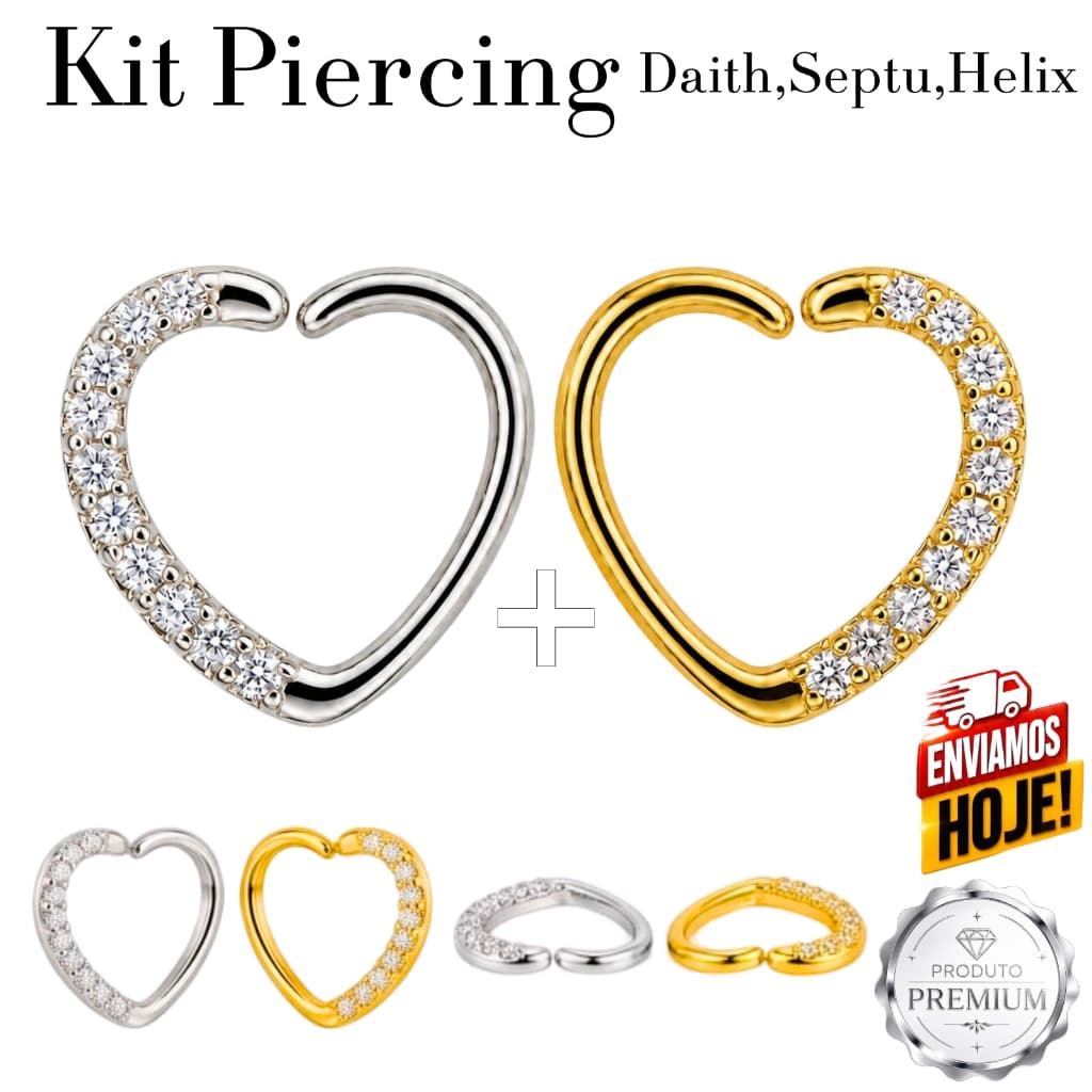 Piercing Orelha Nariz Septo Daith Helix Argola Coração 8mm Aço Cravejado Zircônia Prateado ou Dourado 2 Unidades