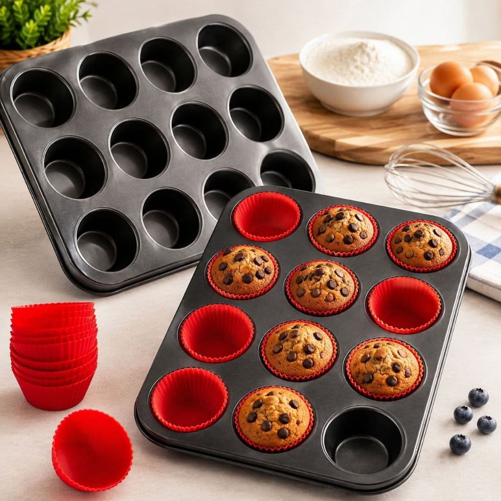 Kit Formas de Cupcake 12 Cavidades Teflon Muffin + Forminhas de Silicone Grande 7Cm Petit Gateau
