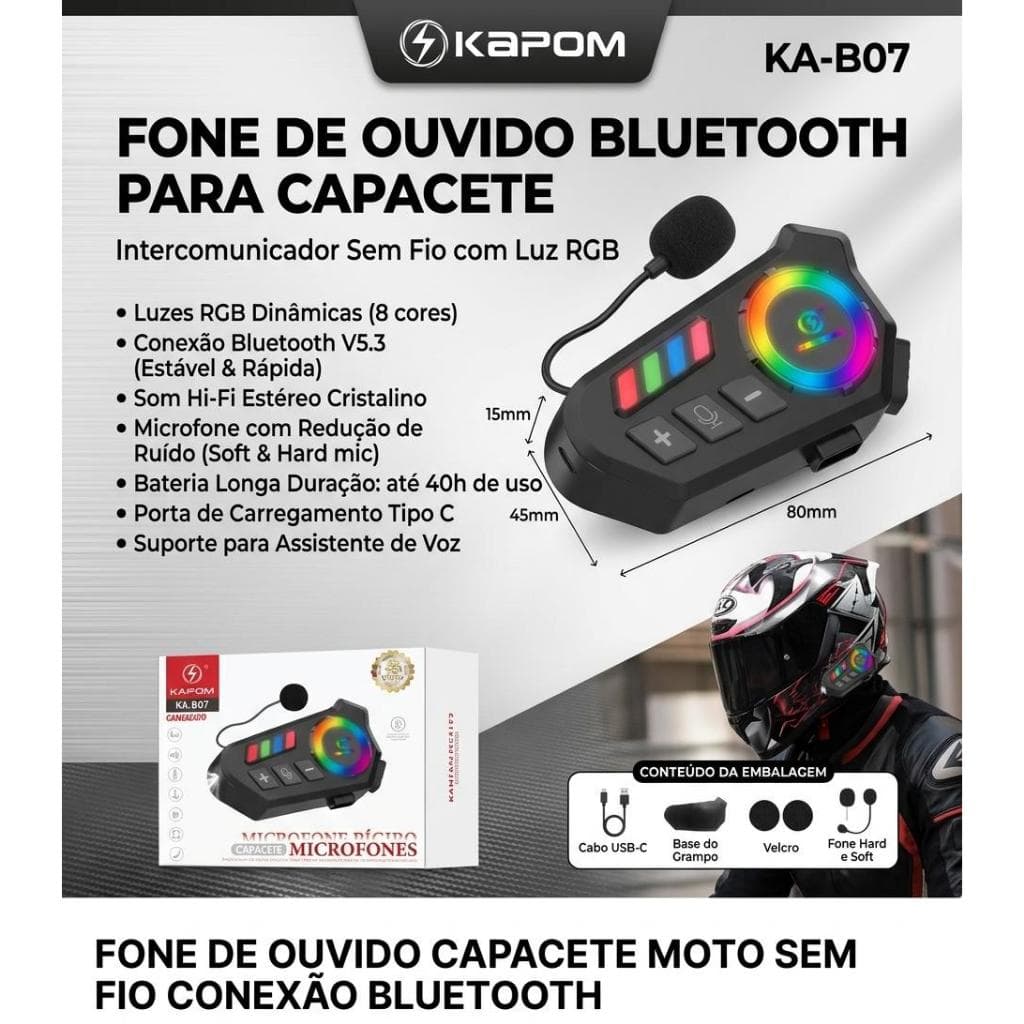 Fone De Ouvido Capacete Moto Sem Fio Conexão Bluetooth Intercomunicador Luz RGB Atendimento Automático KA-B07