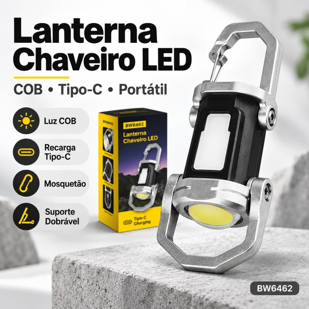Mini Lanterna Chaveiro LED COB Recarregável Tipo-C com Mosquetão e Suporte Dobrável BW6462