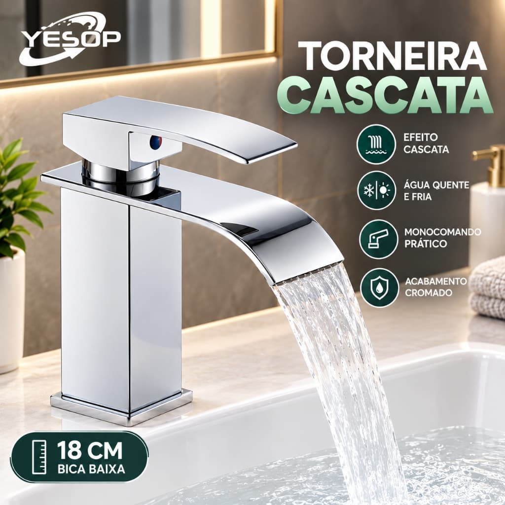 Torneira Cascata Banheiro Monocomando 18cm Bica Baixa Inox Cromada Misturador Quente e Frio Yesop