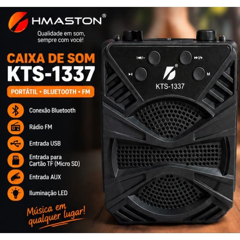 Caixa De Som Potente KTS-1337 H'Maston, Caixa De Som Com Bluetooth,Rádio FM,Entrada Auxiliar USB