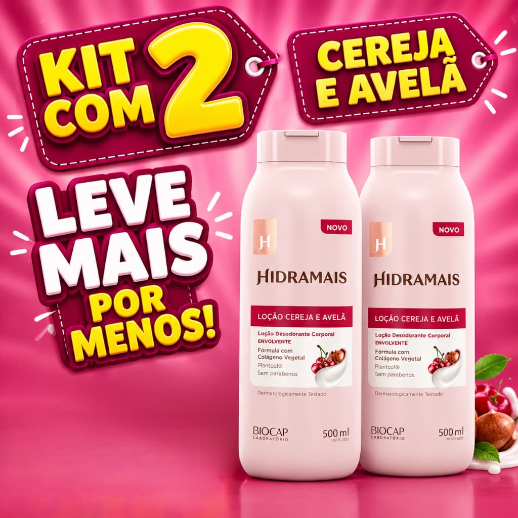 KIT 2 UND HIDRATANTE HIDRAMAIS CEREJA E AVELÃ 500 ML (TOTAL 1 LITRO)