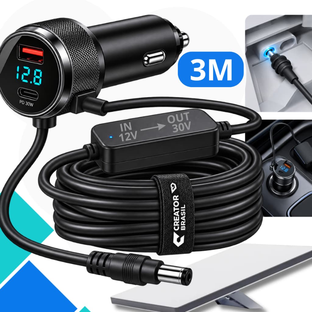 Cabo Carregador 3 Em 1 Veicular Cinzeiro Starlink Mini 3 metros Compativel Usb TipoC 12v24v Cinzero Cabo Conversor Carro