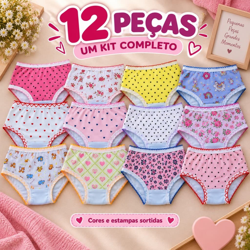 Kit 12 Calcinhas Infantis Femininas 100% Algodão Menina Criança Bebê Estampas Sortidas Enxoval