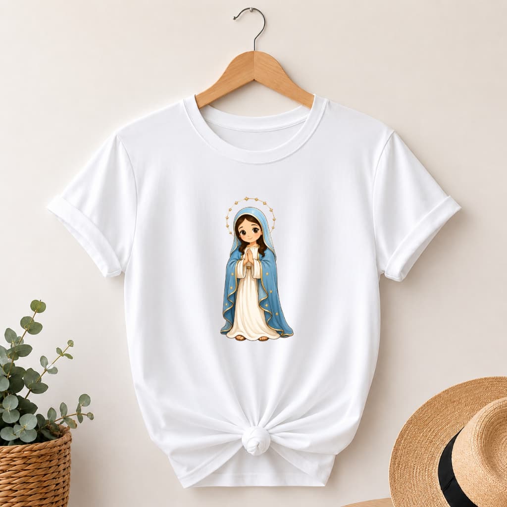 Camiseta Feminina Nossa Senhora Religiosa Estampada Algodão Manga Curta Gola Redonda Fé Cristã