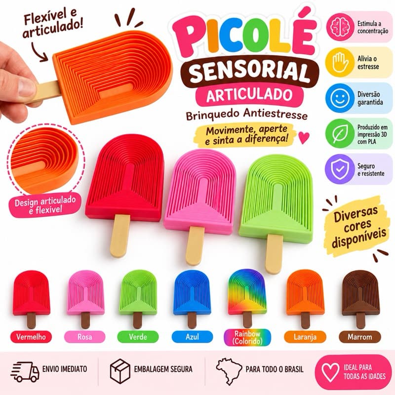 Brinquedo Sensorial Fidget Infantil Picolé Articulado Flexível Antiestresse TDAH