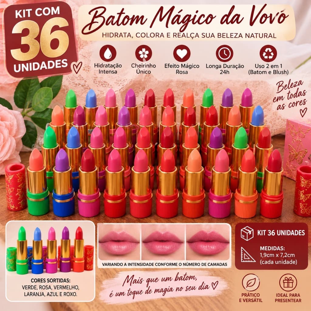 Kit 36 Batons Mágicos 24h 1verde+2 coloritode Longa Duração – Cores Variadas, Muda de Cor, Hidratação e Fixação Perfeita