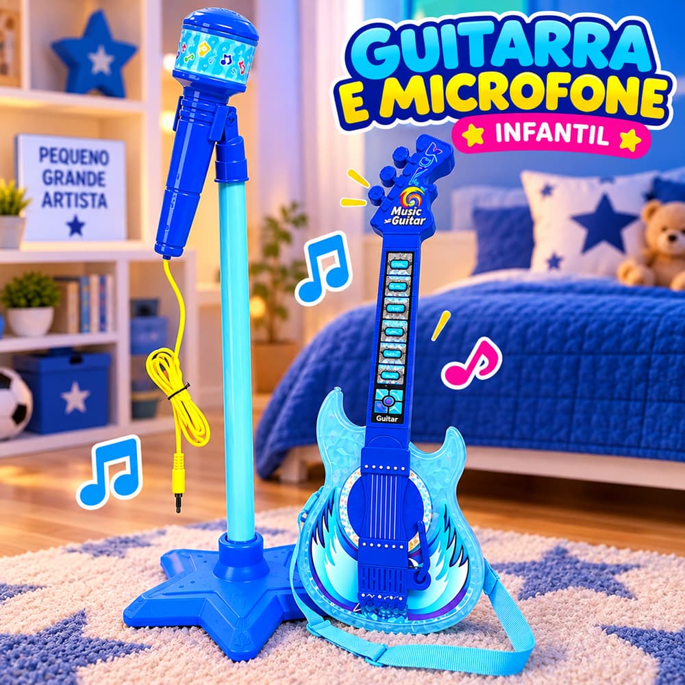 Guitarra Infantil com Microfone Pedestal Karaokê MP3 Musical Azul +4 Anos