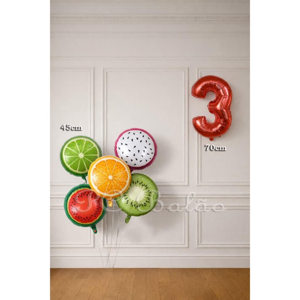 Kit 6 Balão Metalizado Frutas ( Melancia Pitaya Kiwi Limão Laranja) + Número 70cm VERMELHO