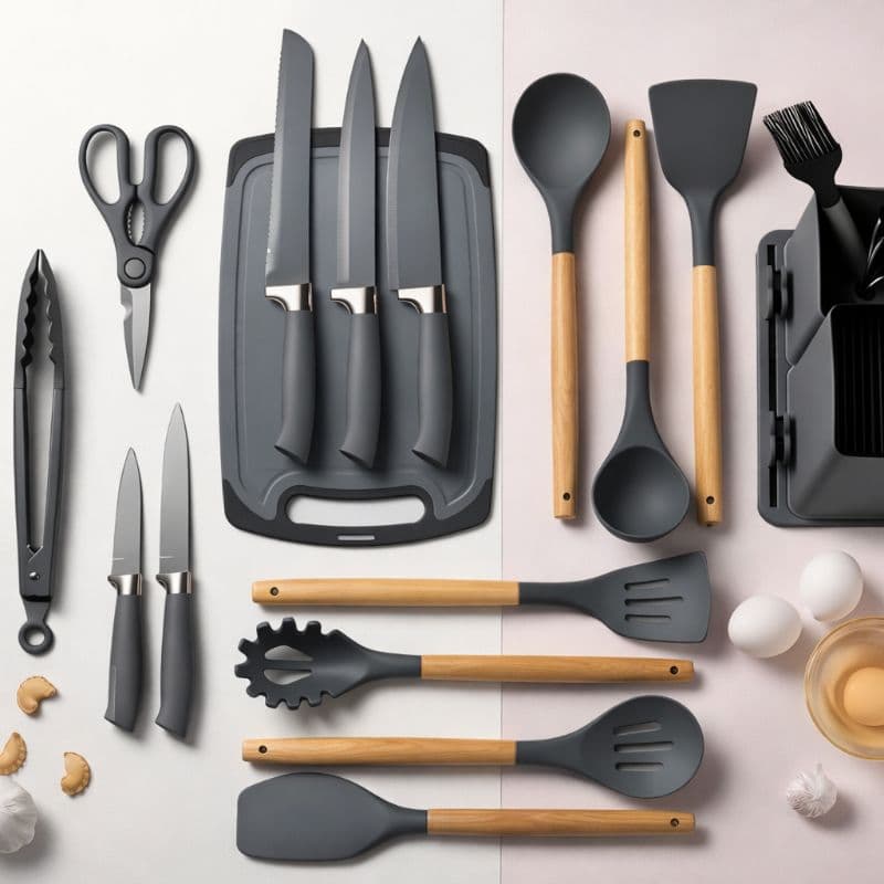 Kit Utensílios de Cozinha Silicone 19 Peças com Facas e Suporte Cabo Madeira Cinza Antiaderente