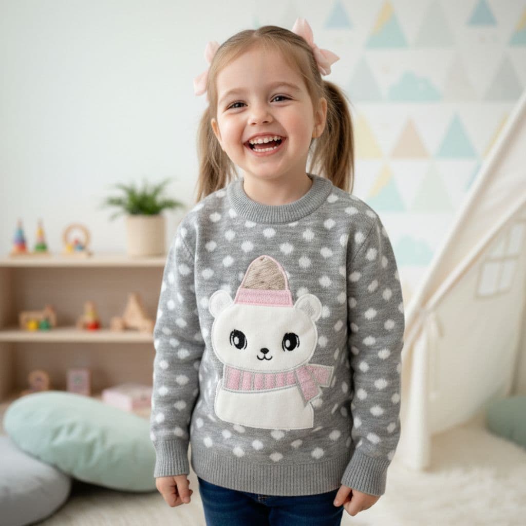 Blusa de Tricô Infantil Bordada Menina Inverno Quentinha Ursinho Bolinha