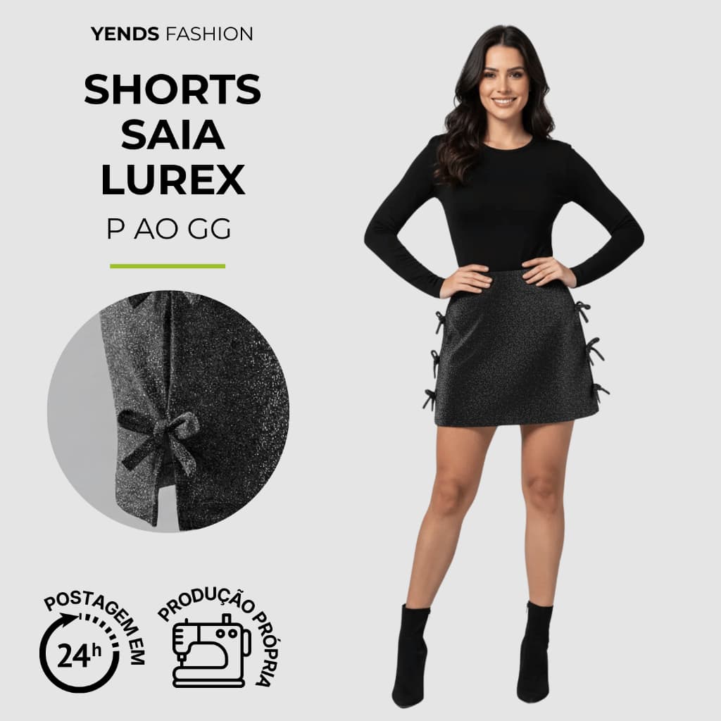 Short Saia Feminino Lurex Preto Prata Cintura Alta Curto Com Laços Laterais - Festa Balada Fashion