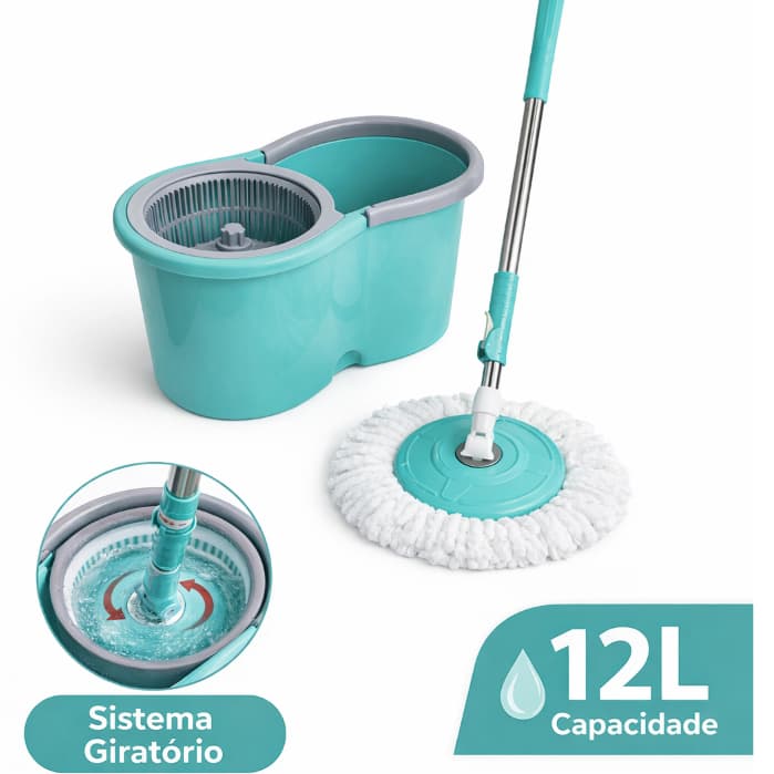 Mop Esfregão Giratório 12L Centrífuga +1 Refil Extra Microfibra Alta Absorção Limpeza Profunda Resistente Com Rodinhas