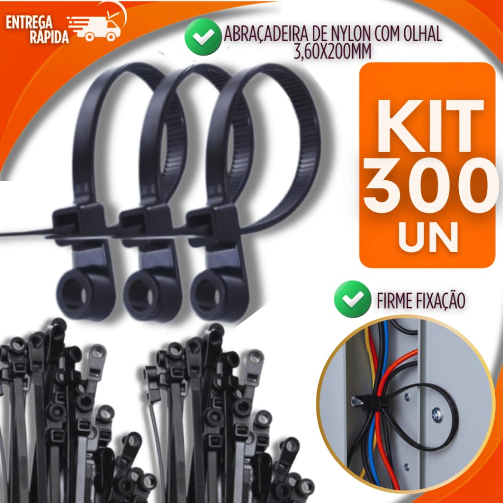 Jogo Abraçadeira Nylon Com Olhal Fixar 3,60X200MM Parafuso Cabos Fios Madeira Conduítes Abraçadeira