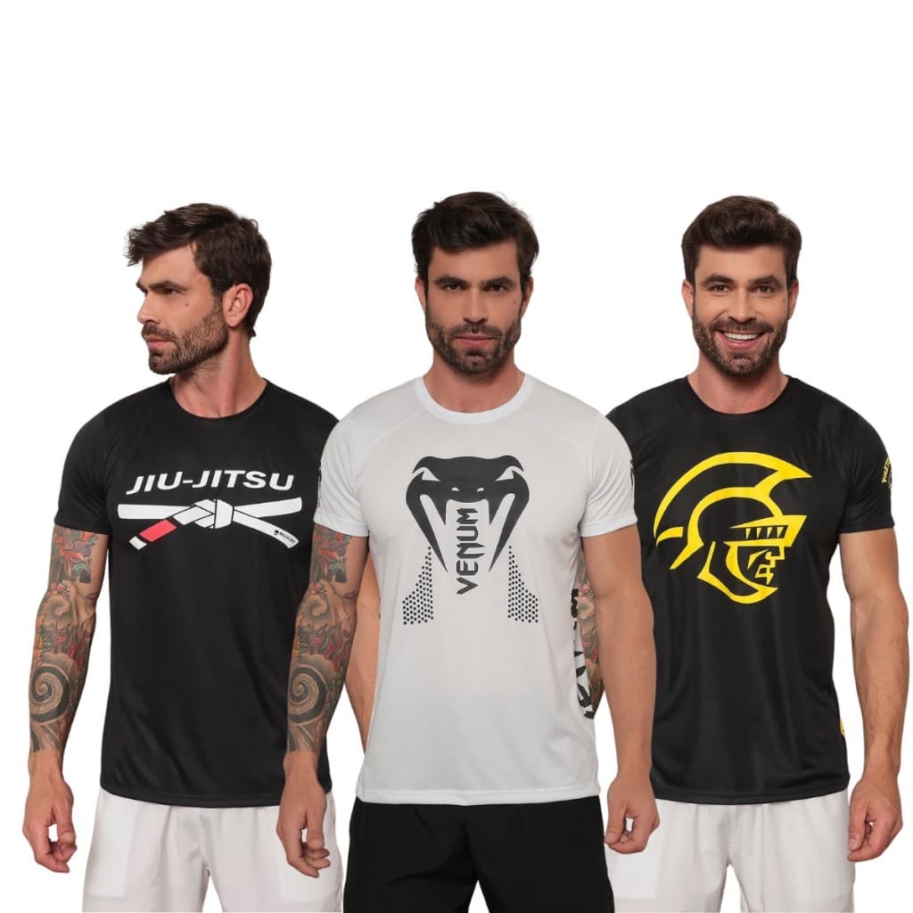 KIT 03 Camiseta Dry Fit Masculina Treino Luta,Mma,Cobra,Ufc,Jiu-Jitsu V.N Blusa Leve Lançamento PROTEÇAO UV