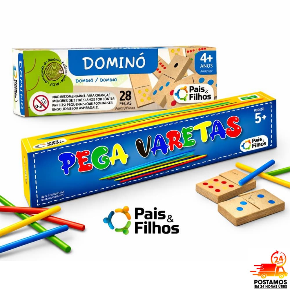 Kit Jogos Educativos Infantil Dominó 28 Peças + Pega Varetas - Pais e Filhos