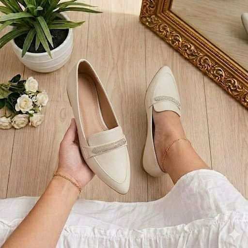 Sapatilha Feminina Confortável Luxo Mocassim Sapato Feminino Bico Fino Branco  StrasS Para Dia a Dia