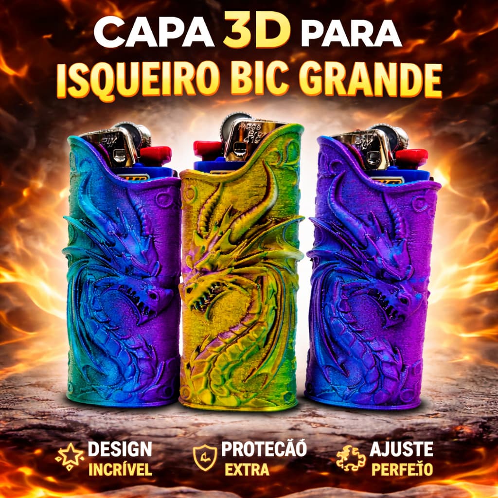 Capa para Isqueiro Bic Grande | Dragão Colorido | Protetor Estilizado | Não Acompanha o Isqueiro