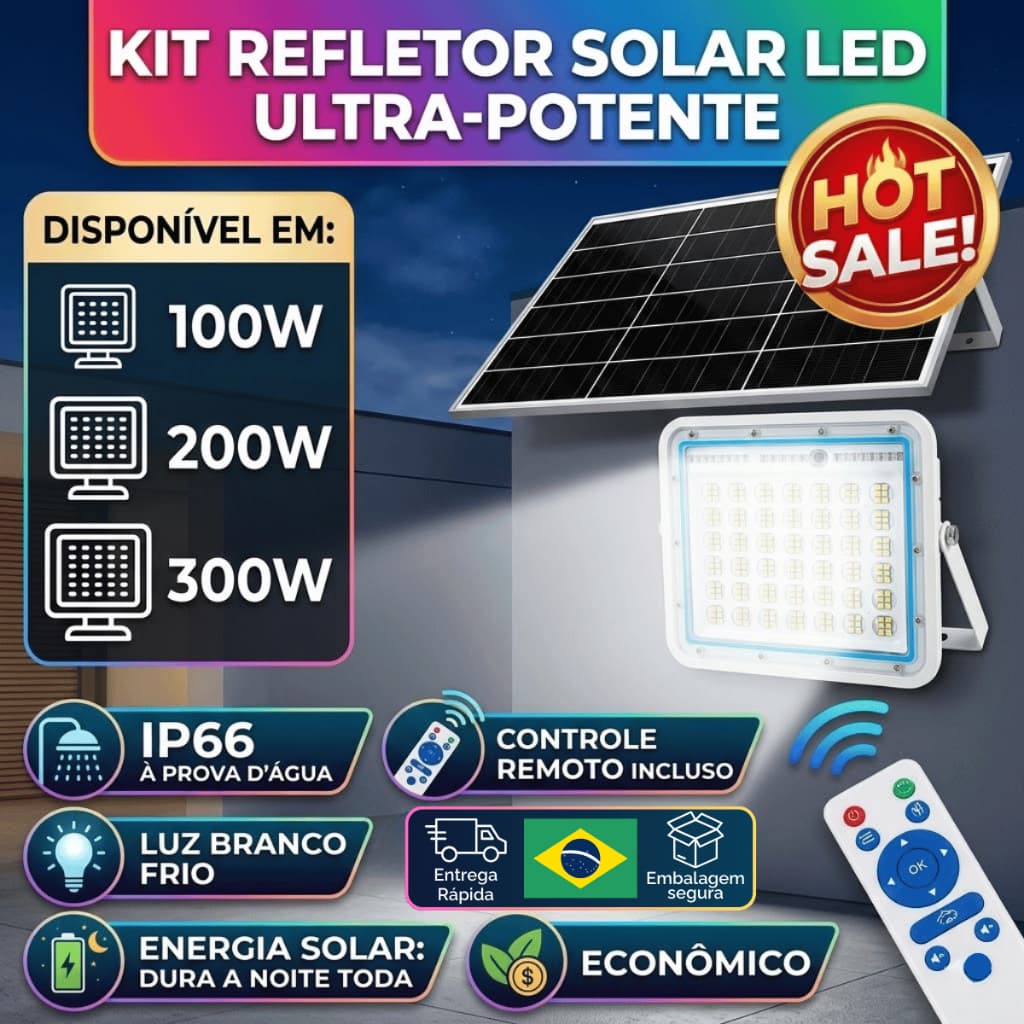 Refletor Solar LED 100W 200W 300W + Controle Remoto IP66 Prova D'água Holofote Placa Luminária