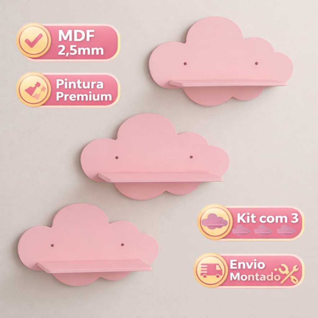 3 Nicho Nuvem P Decorado Mdf Decoração Quarto Bebê