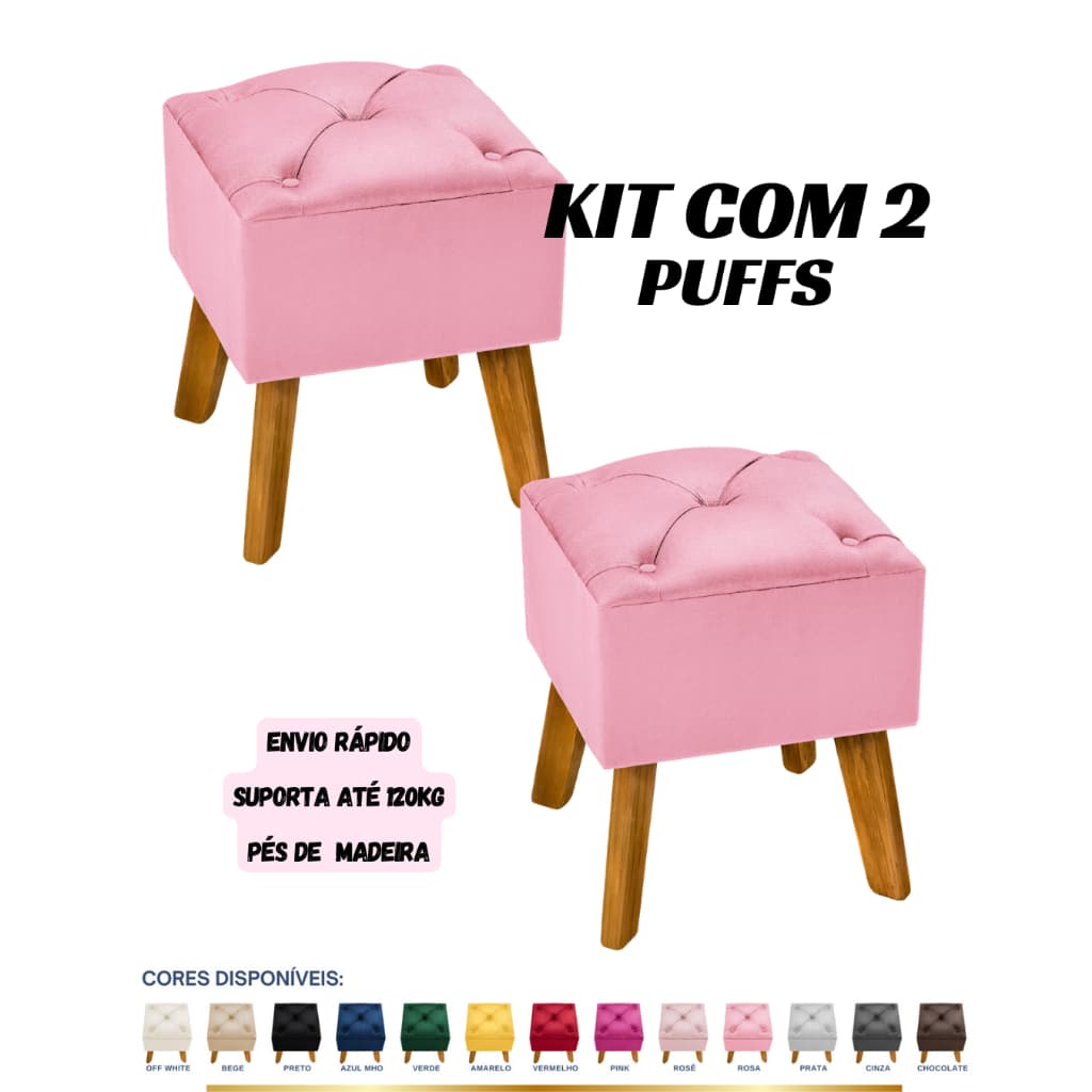 Kit 2 Puff Redondo Banqueta Captone Pé Madeira Medida 45CM Tecido Veludo