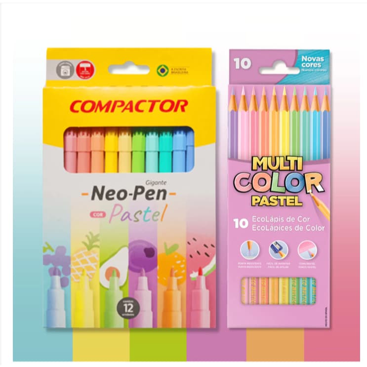 Kit Tom Pastel, 10 lápis de cor Pastel Multicolor + 12 Canetinhas Tom Pastel Compactor
