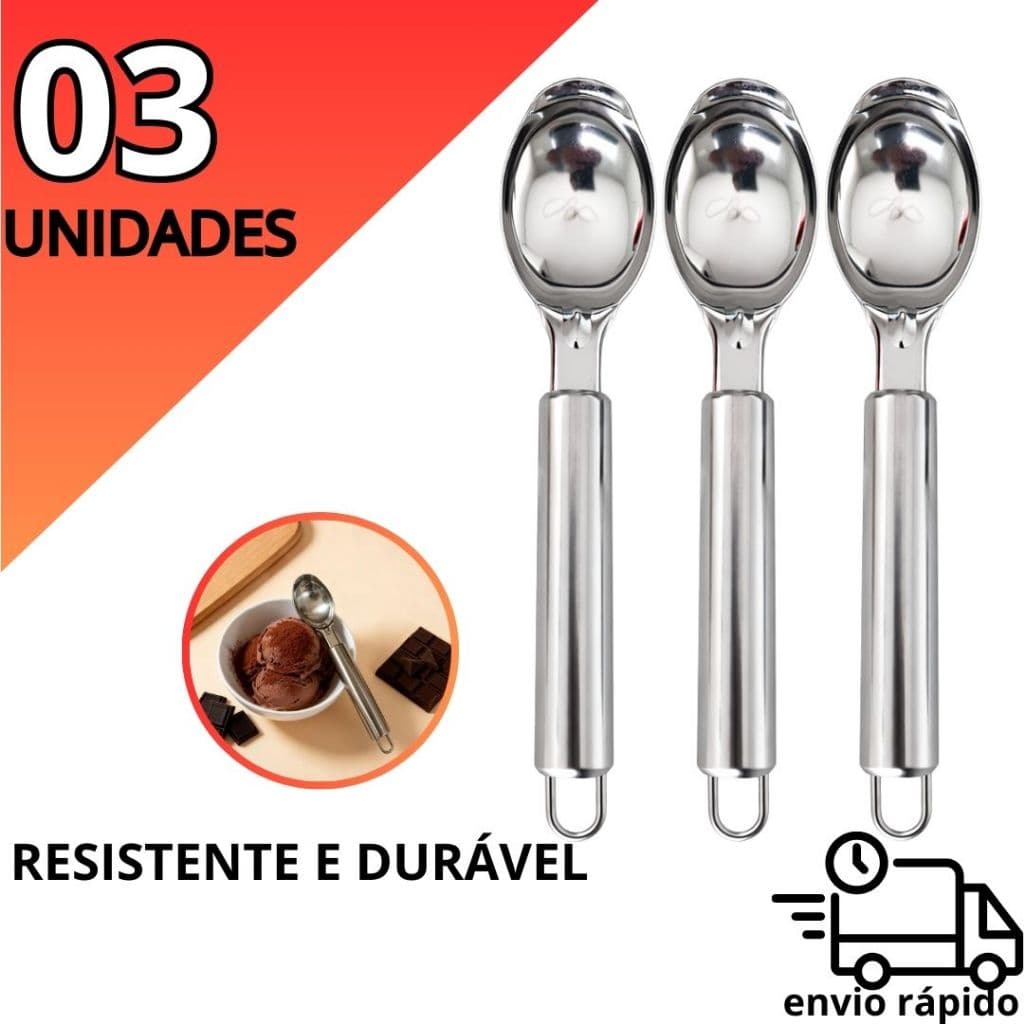 Kit com 3 Colheres de Sorvete em Aço Inox Profissional para Sorveteria e Cozinha