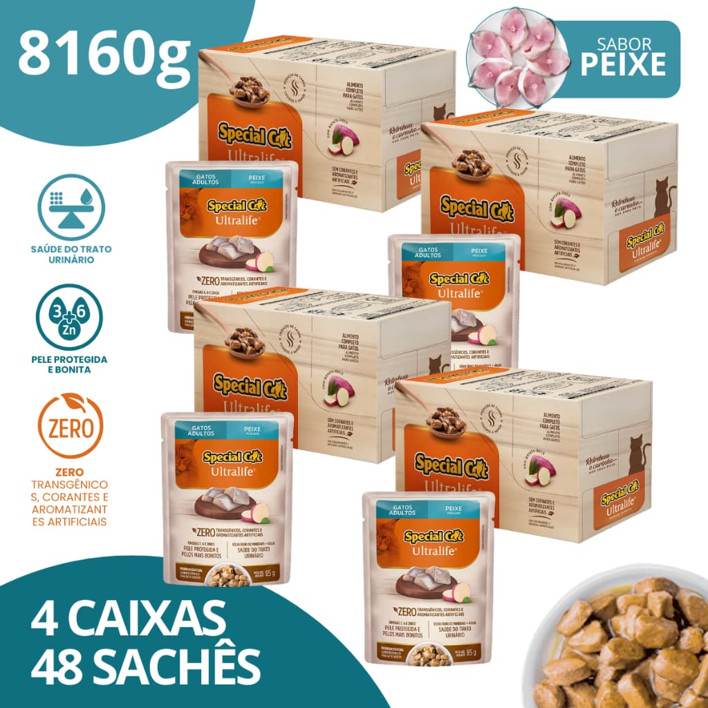 Kit 4 Caixa 12 Special Cat Ultralife Sachê Adultos Sabor Peixe - 85g