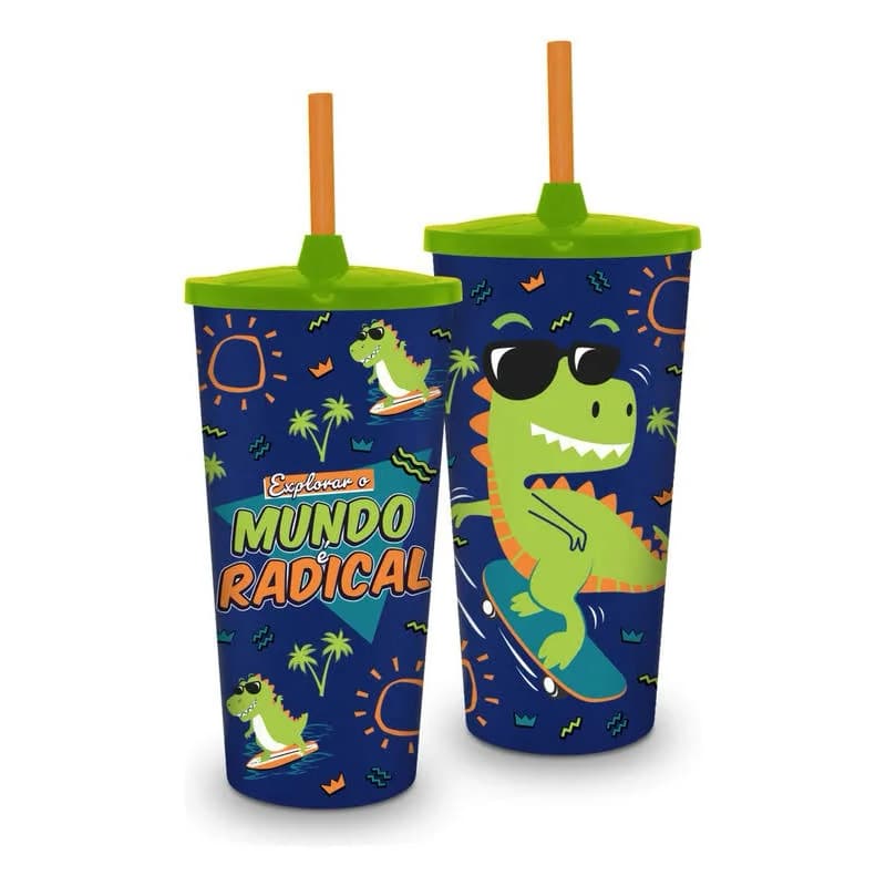 Copo Plástico Com Canudo 500ml - Mundo Radical Azul Brasfoot