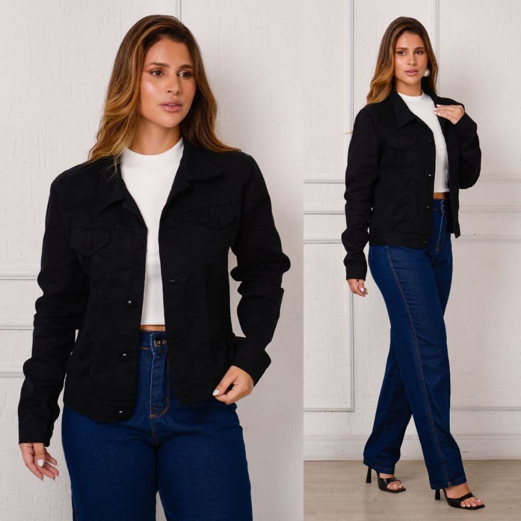 Jaqueta Preta 100% Jeans Com Estilo Básico average de Botões Envelopados