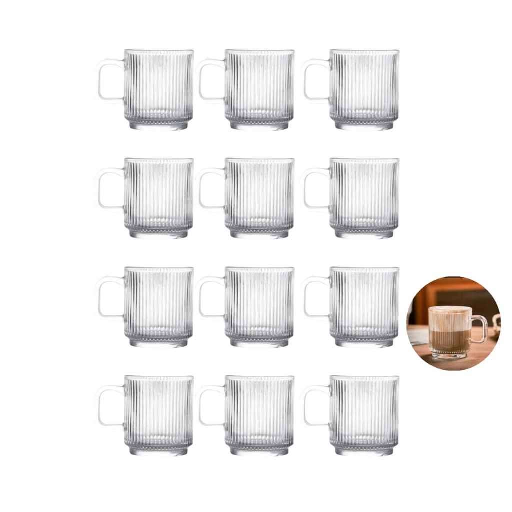 Kit 12 Canecas de Vidro Caneladas Atacado Xícaras Transparentes Resistentes