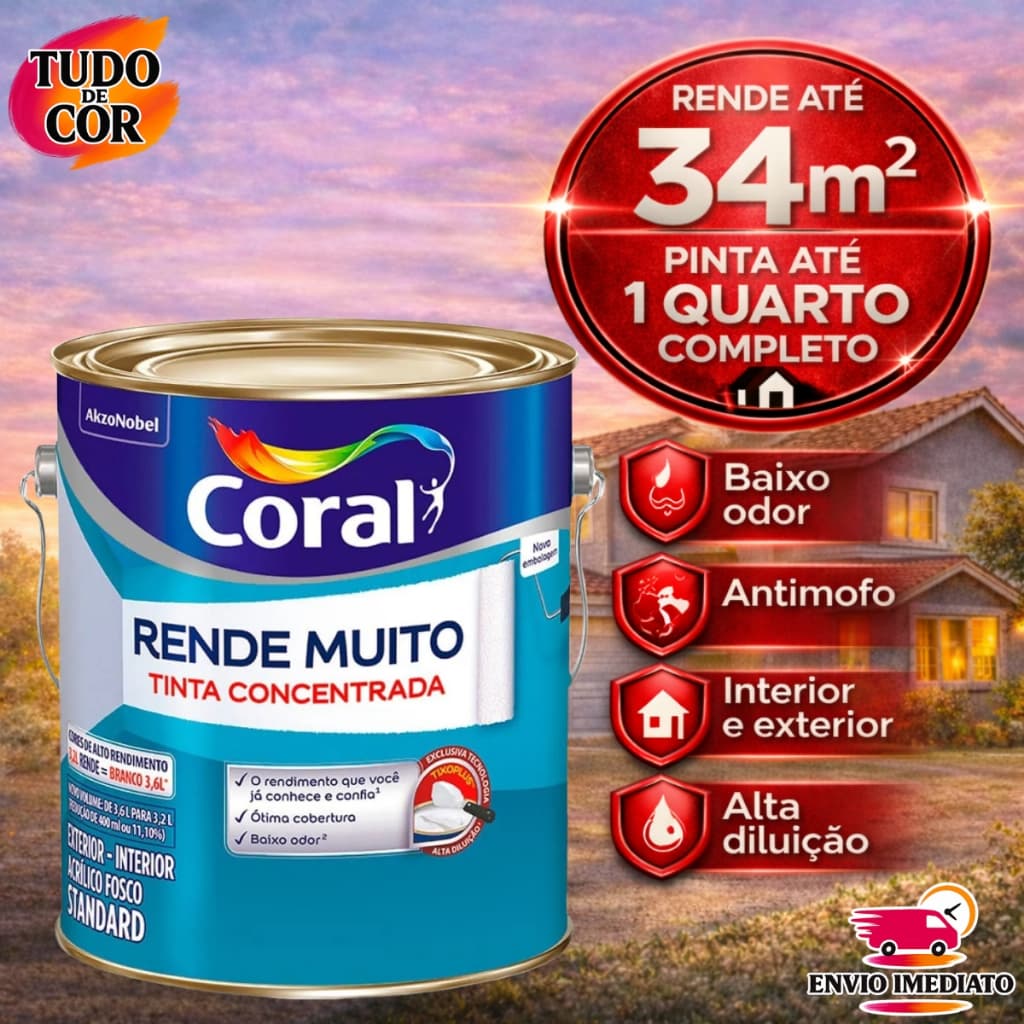 Tinta Acrílica Coral Rende Muito 3,2L e 3,6L Fosca Lavável Standard Rendimento Secagem Rápida, Cores