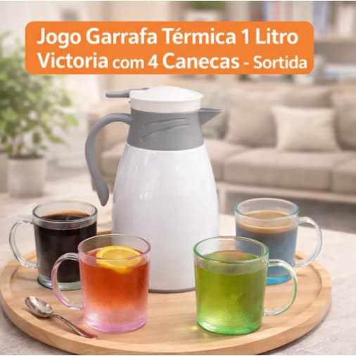 Jogo 1 Garrafa Térmica 1L + 4 Canecas Kit Sortida Chimarrão Café Chá Copos  Bebida Quente Frio Casa
