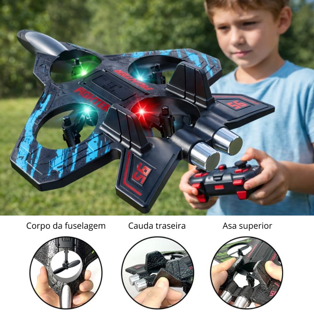 Drone Avião RC Camuflagem com Controle Remoto Brinquedo Voador 2 em 1 Luz LED Recarga USB 2 Baterias
