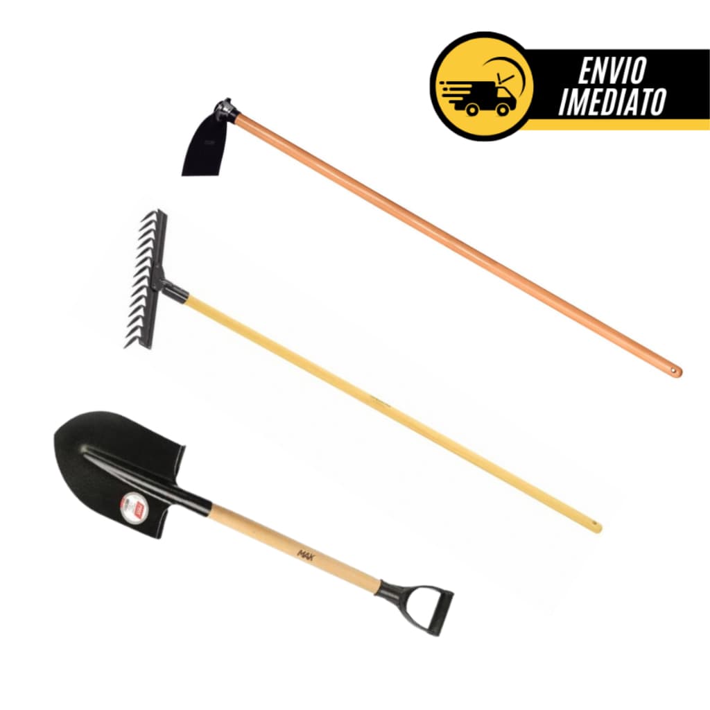 Kit Ferramentas Jardinagem Profissional Enxada 22cm +  Ancinho Rastelo 14 Dentes+  Pá de Bico