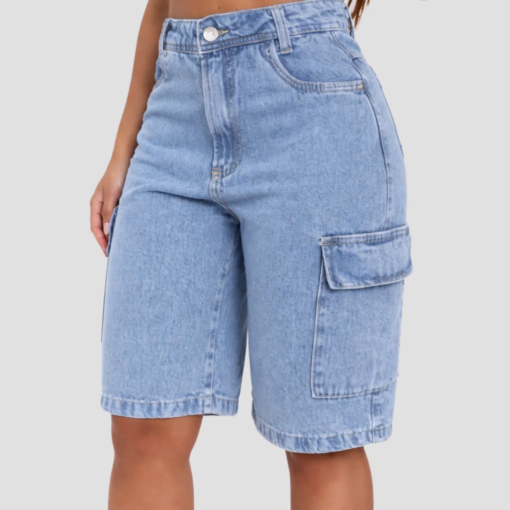 Jorts Jeans Feminino Cargo Cintura Alta Com Bolsos Laterais Estilo Urbano Moda Blogueira