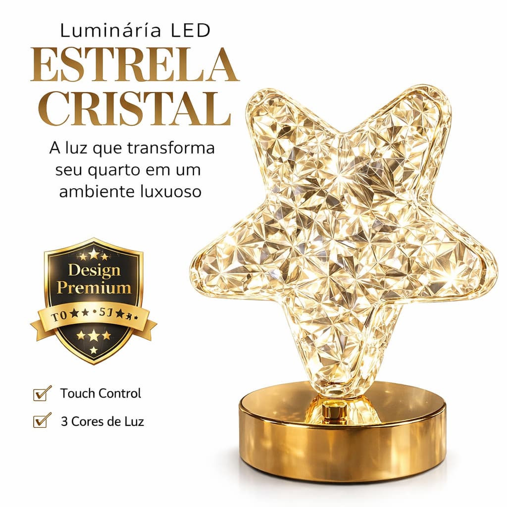 Luminária LED Estrela Cristal Touch 3 Cores USB Abajur Decorativo Luz Noturna Quarto Mesa Cabeceira Luxo
