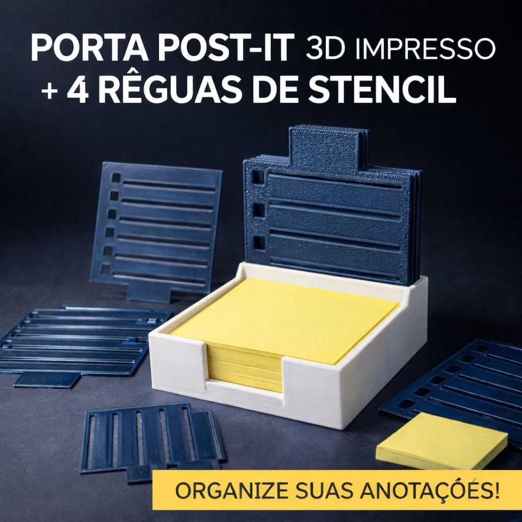 Porta Post-it 3D com 4 Réguas Stencil | Organizador de Mesa para Anotações