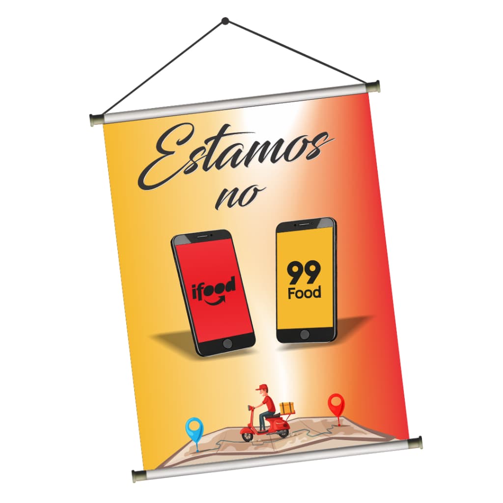 Banner Estamos no Ifood 99 Bastão e Corda 300g Impressão Alta Qualidade Arte Pronta Envio Imediato
