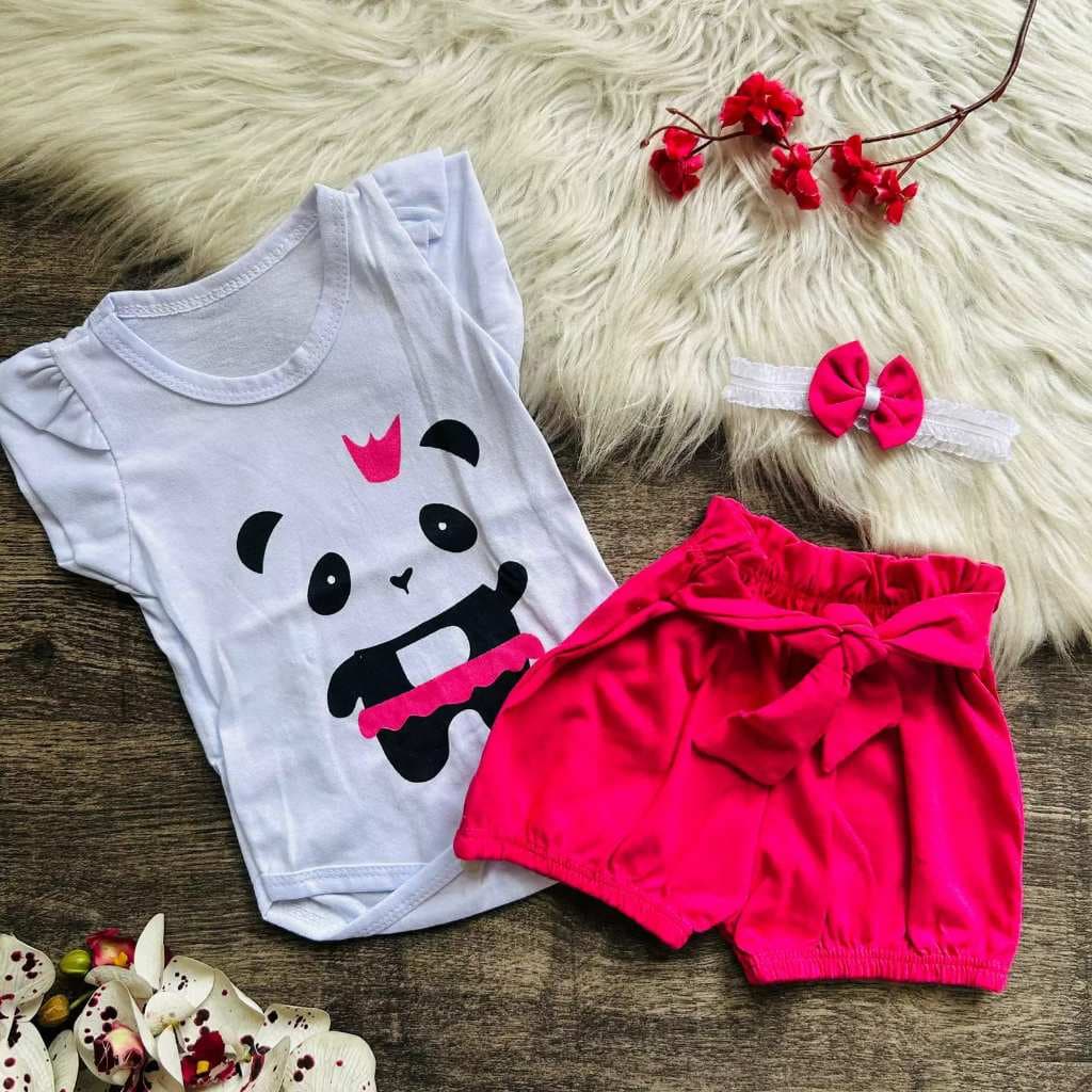 Conjunto Bebê Menina Body Panda + Short + Laço Luxo Algodão Roupa Infantil Mesversário Promoção